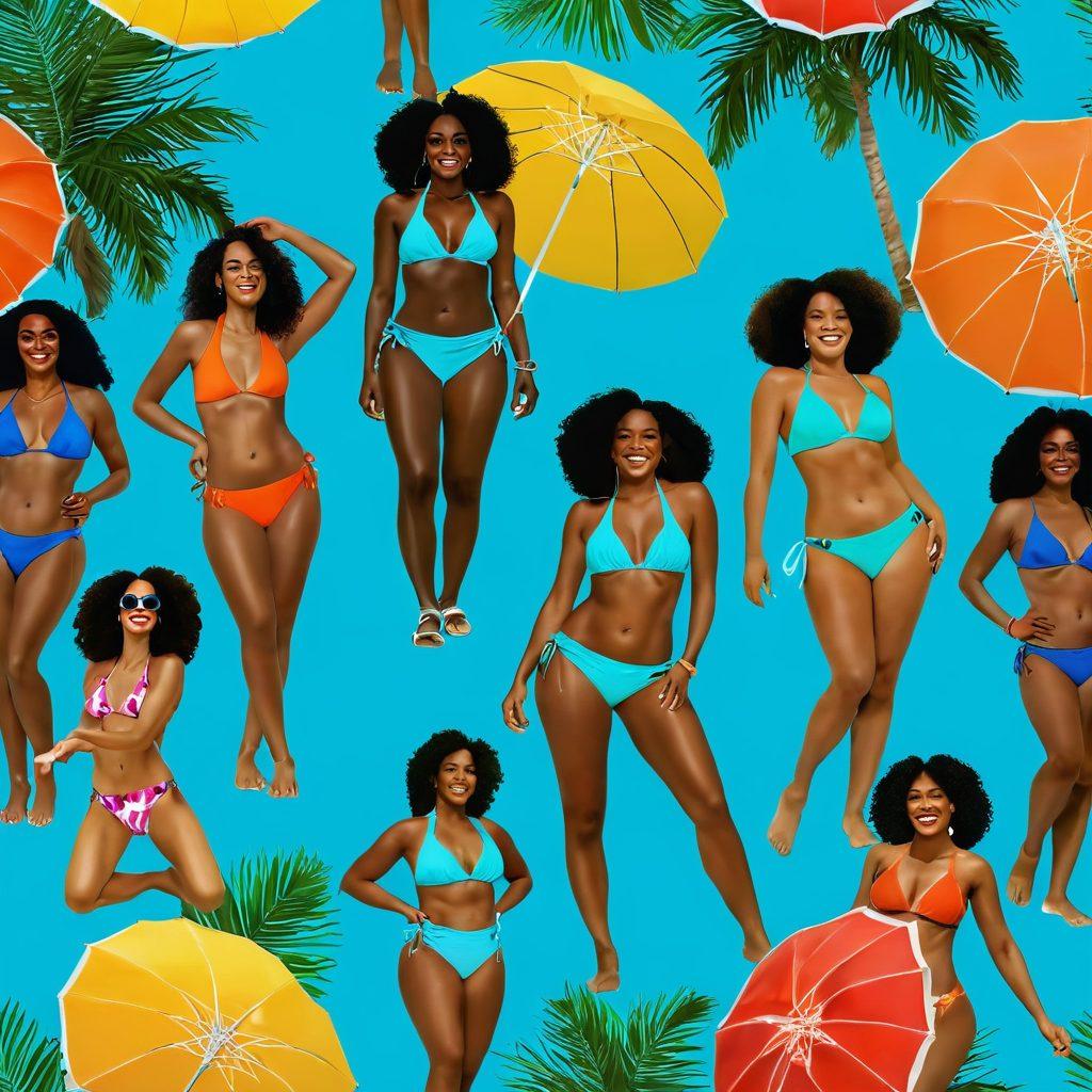 A sun-soaked beach scene featuring diverse women with fuller figures confidently showcasing various vibrant Brazilian bikini styles. They are laughing and enjoying the summer vibe, with colorful beach umbrellas, palm trees, and clear turquoise water in the background. Incorporate elements like tropical drinks and beach balls to enhance the festive atmosphere. Bright colors, lively expressions, and a sense of empowerment should permeate the scene. vibrant colors. super-realistic. summer theme.